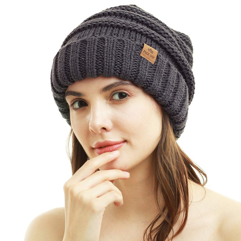 PAGE ONE Womens Winter Beanie Warm Cable Knit Hat Style Stretch Trendy Ribbed Chunky Cap Dark Gray - Image 3